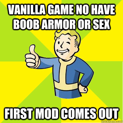 Vanilla game no have boob armor or sex first mod comes out  Fallout new vegas