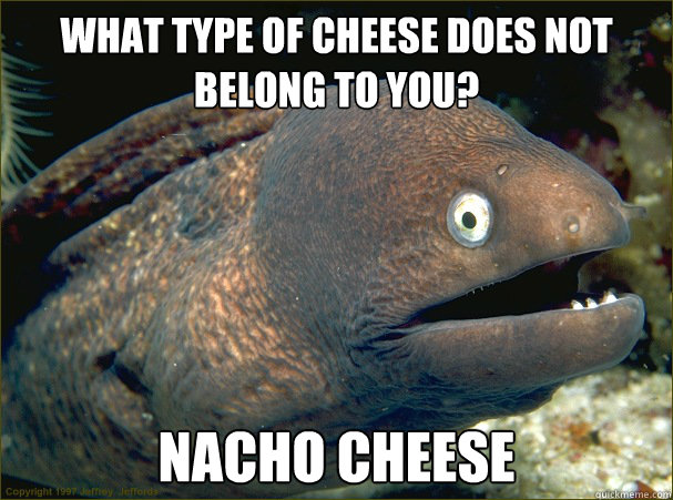 What type of cheese does not belong to you? Nacho cheese  Bad Joke Eel