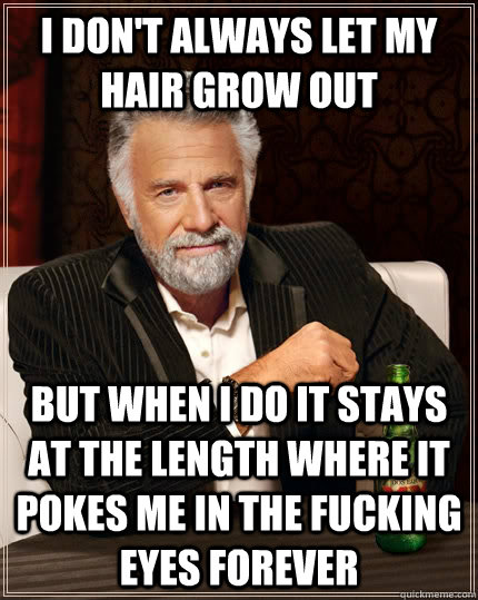 I don't always let my hair grow out but when I do it stays at the length where it pokes me in the fucking eyes forever - I don't always let my hair grow out but when I do it stays at the length where it pokes me in the fucking eyes forever  The Most Interesting Man In The World