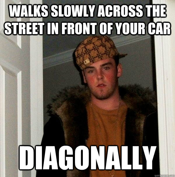 Walks slowly across the street in front of your car Diagonally  Scumbag Steve