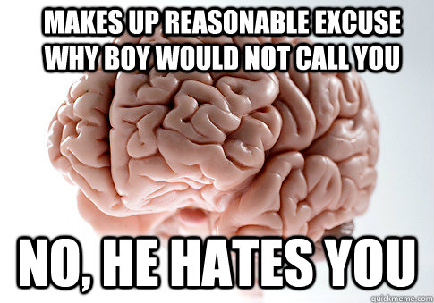 Makes up reasonable excuse why boy would not call you NO, HE HATES YOU  Scumbag Brain