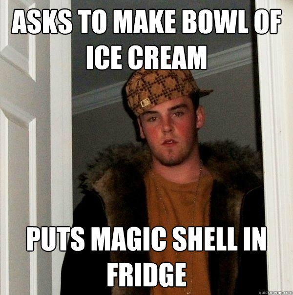 Asks to make bowl of ice cream puts magic shell in fridge - Asks to make bowl of ice cream puts magic shell in fridge  Scumbag Steve