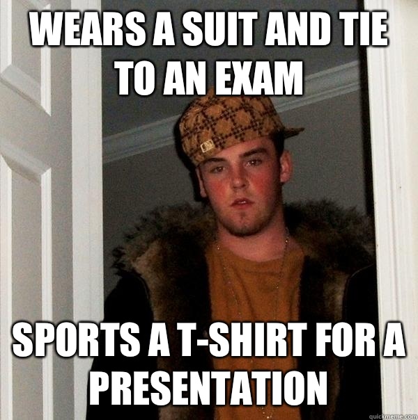 Wears a suit and tie to an exam Sports a t-shirt for a presentation   Scumbag Steve