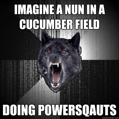 imagine a nun in a cucumber field doing powersqauts  Insanity Wolf