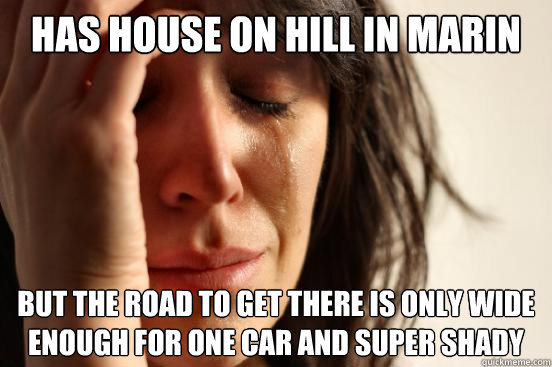 has house on hill in marin but the road to get there is only wide enough for one car and super shady  First World Problems