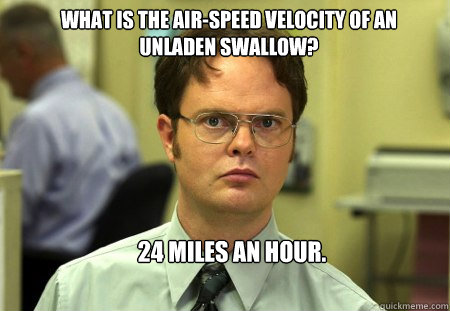 What is the air-speed velocity of an unladen swallow? 24 miles an hour. - What is the air-speed velocity of an unladen swallow? 24 miles an hour.  Schrute