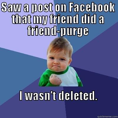 SAW A POST ON FACEBOOK THAT MY FRIEND DID A FRIEND-PURGE I WASN'T DELETED.                                            Success Kid