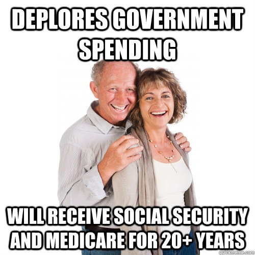 deplores government spending will receive social security and medicare for 20+ years  
