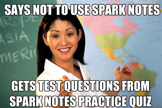 Says not to use spark notes gets test questions from spark notes practice quiz  Unhelpful High School Teacher