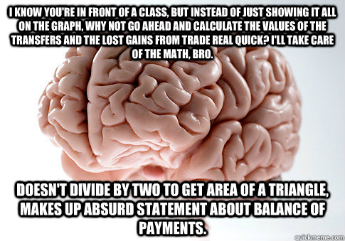 i know you're in front of a class, but instead of just showing it all on the graph, why not go ahead and calculate the values of the transfers and the lost gains from trade real quick? I'll take care of the math, bro. doesn't divide by two to get area of   Scumbag Brain