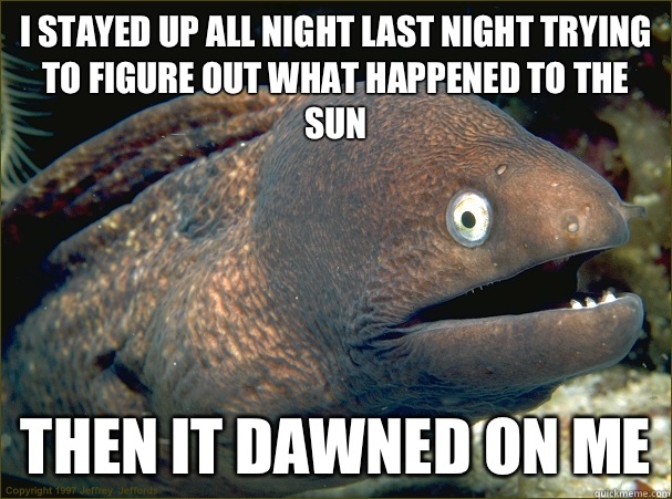 I stayed up all night last night trying to figure out what happened to the sun Then it dawned on me   Bad Joke Eel