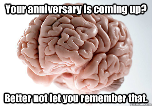 Your anniversary is coming up? Better not let you remember that.  Scumbag Brain