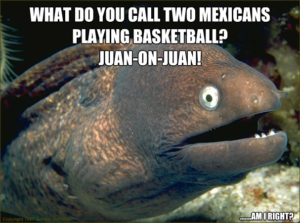 What do you call two Mexicans playing basketball?
Juan-on-Juan! .......am I right? - What do you call two Mexicans playing basketball?
Juan-on-Juan! .......am I right?  Bad Joke Eel