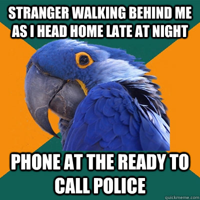 stranger walking behind me as i head home late at night    phone at the ready to call police  Paranoid Parrot