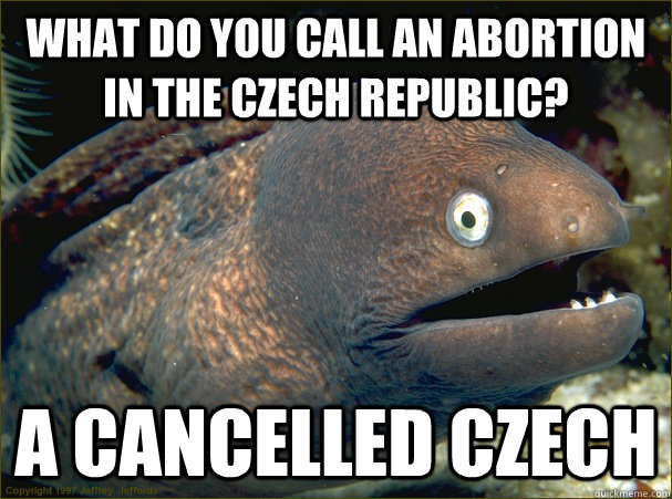 what do you call an abortion in the czech republic? a cancelled czech  Bad Joke Eel