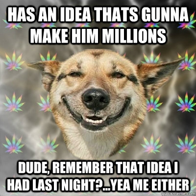 has an idea thats gunna make him millions dude, remember that idea i had last night?...yea me either  Stoner Dog