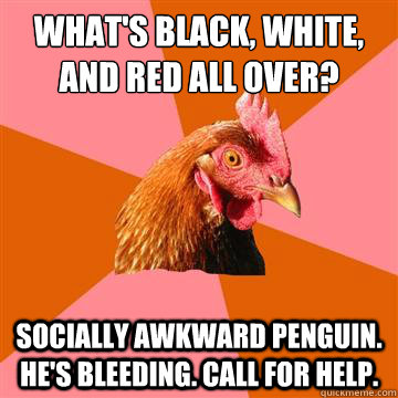 What's black, white, and red all over? Socially Awkward Penguin. he's bleeding. Call for help. - What's black, white, and red all over? Socially Awkward Penguin. he's bleeding. Call for help.  Anti-Joke Chicken