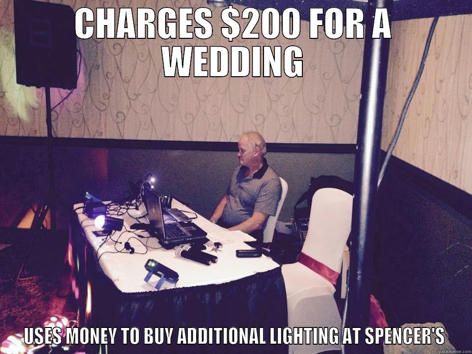 CHARGES $200 FOR A WEDDING USES MONEY TO BUY ADDITIONAL LIGHTING AT SPENCER'S Misc