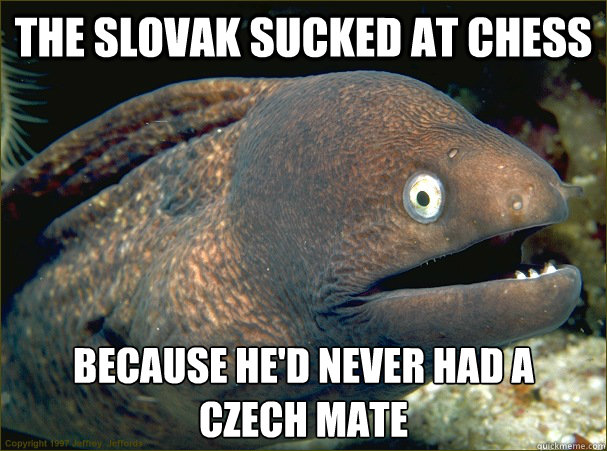 The Slovak sucked at chess because he'd never had a 
czech mate - The Slovak sucked at chess because he'd never had a 
czech mate  Bad Joke Eel