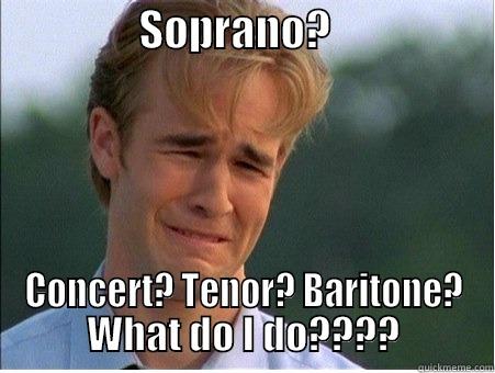                 SOPRANO?                    CONCERT? TENOR? BARITONE? WHAT DO I DO???? 1990s Problems