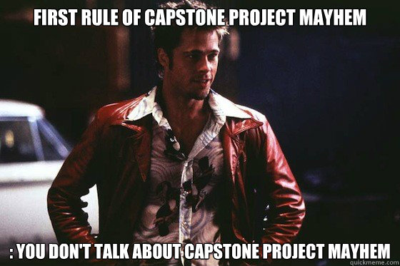 FIRST RULE OF CAPSTONE PROJECT MAYHEM : YOU DON'T TALK ABOUT CAPSTONE PROJECT MAYHEM  - FIRST RULE OF CAPSTONE PROJECT MAYHEM : YOU DON'T TALK ABOUT CAPSTONE PROJECT MAYHEM   Tyler Durden Rules