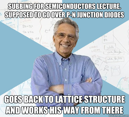 Subbing for Semiconductors Lecture. Supposed to go over p-n junction diodes Goes back to lattice structure and works his way from there  Engineering Professor