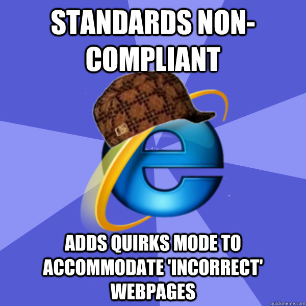 Standards non-compliant Adds Quirks Mode to accommodate 'incorrect' webpages - Standards non-compliant Adds Quirks Mode to accommodate 'incorrect' webpages  Scumbag IE