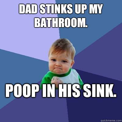 Dad stinks up my bathroom.  Poop in his sink.   Success Kid