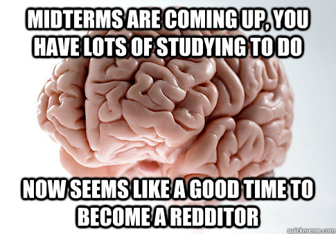 Midterms are coming up, You have lots of studying to do Now seems like a good time to become a redditor  Scumbag Brain