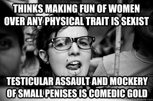 thinks making fun of women over any physical trait is sexist testicular assault and mockery of small penises is comedic gold  Hypocrite Feminist