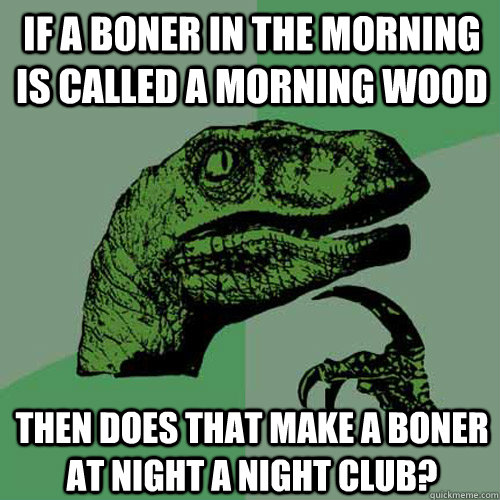 If a boner in the morning is called a morning wood then does that make a boner at night a night club?  Philosoraptor