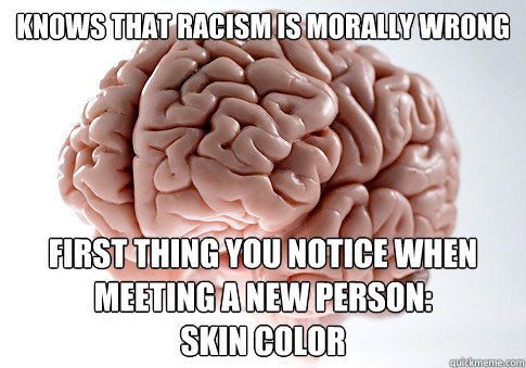 knows that racism is morally wrong first thing you notice when meeting a new person: 
skin color  Scumbag Brain