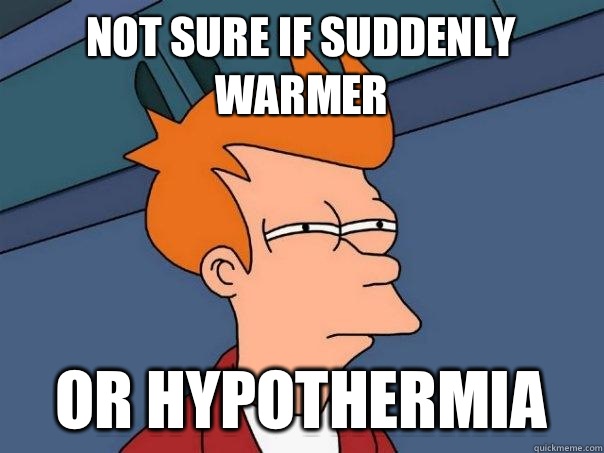 Not sure if suddenly warmer Or hypothermia  Futurama Fry