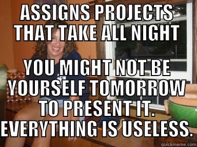 ASSIGNS PROJECTS THAT TAKE ALL NIGHT YOU MIGHT NOT BE YOURSELF TOMORROW TO PRESENT IT. EVERYTHING IS USELESS. Misc