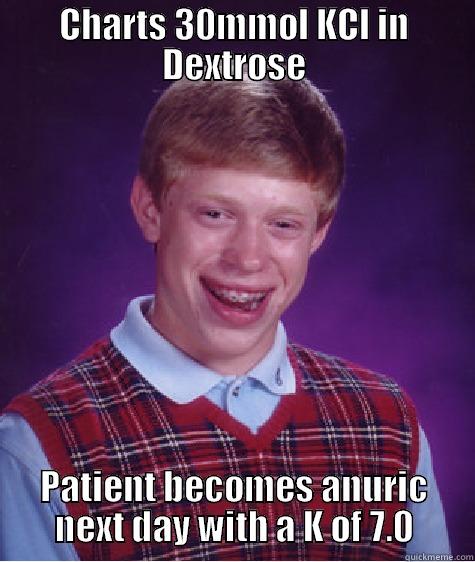 Potassium in Dextrose - CHARTS 30MMOL KCL IN DEXTROSE PATIENT BECOMES ANURIC NEXT DAY WITH A K OF 7.0 Bad Luck Brian