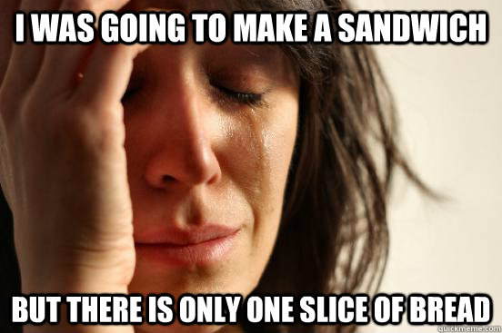 i was going to make a sandwich but there is only one slice of bread - i was going to make a sandwich but there is only one slice of bread  First World Problems