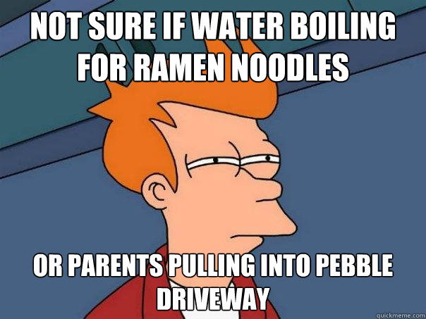 Not sure if water boiling for ramen noodles or parents pulling into pebble driveway - Not sure if water boiling for ramen noodles or parents pulling into pebble driveway  Futurama Fry