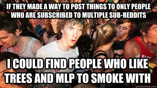 if they made a way to post things to only people who are subscribed to multiple sub-reddits I could find people who like trees and mlp to smoke with  Sudden Clarity Clarence