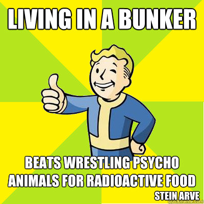 living in a bunker beats wrestling psycho animals for radioactive food stein arve  Fallout new vegas