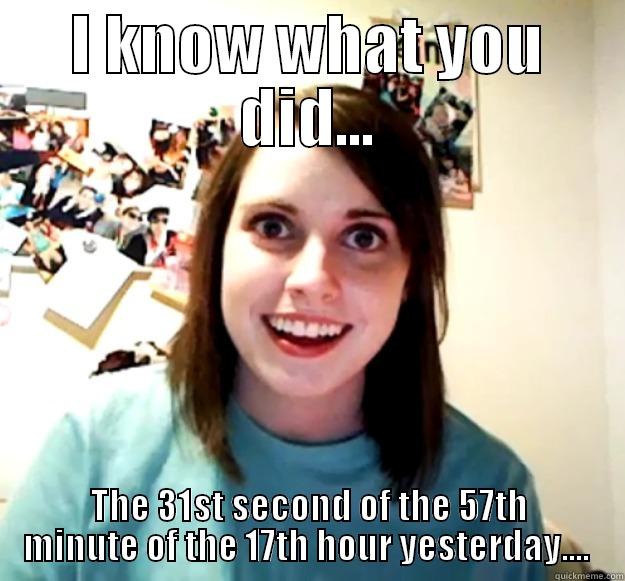 over attached galfrand - I KNOW WHAT YOU DID... THE 31ST SECOND OF THE 57TH MINUTE OF THE 17TH HOUR YESTERDAY....  Overly Attached Girlfriend