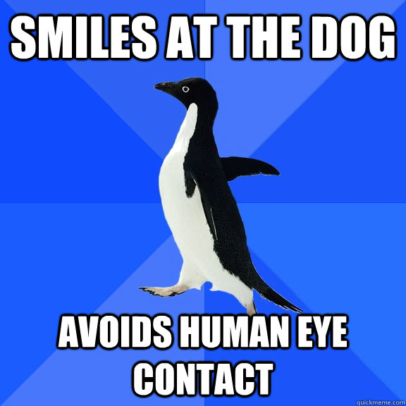 Smiles at the dog avoids human eye contact  Socially Awkward Penguin