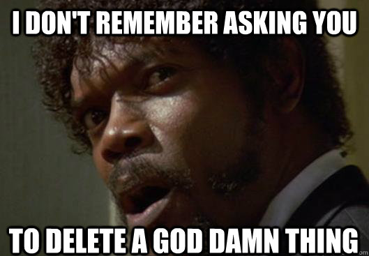 I DON'T REMEMBER ASKING YOU  TO DELETE A GOD DAMN THING  Angry Samuel L Jackson