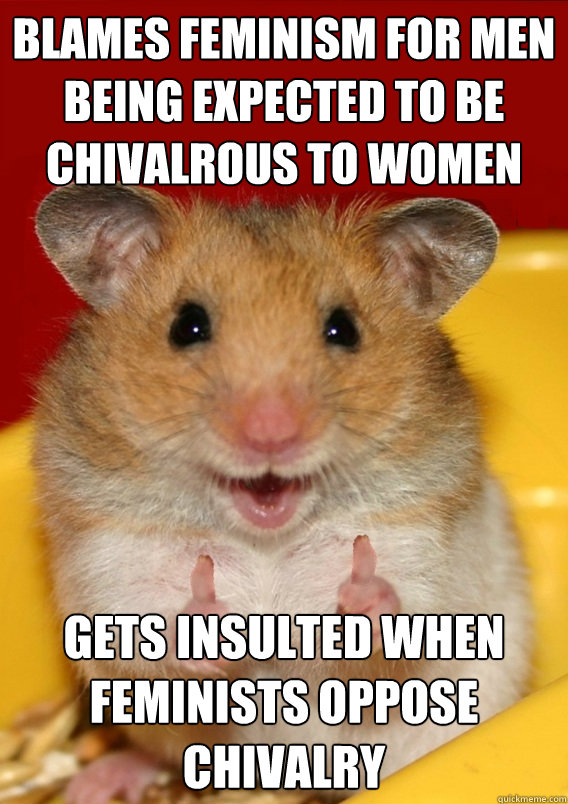 Blames feminism for men being expected to be chivalrous to women gets insulted when feminists oppose chivalry  - Blames feminism for men being expected to be chivalrous to women gets insulted when feminists oppose chivalry   Rationalization Hamster