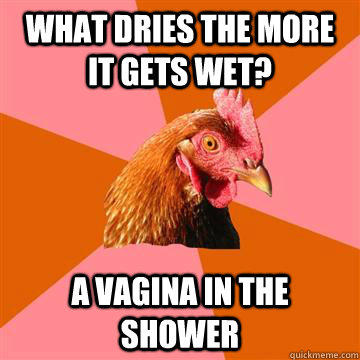 what dries the more it gets wet? a vagina in the shower  Anti-Joke Chicken