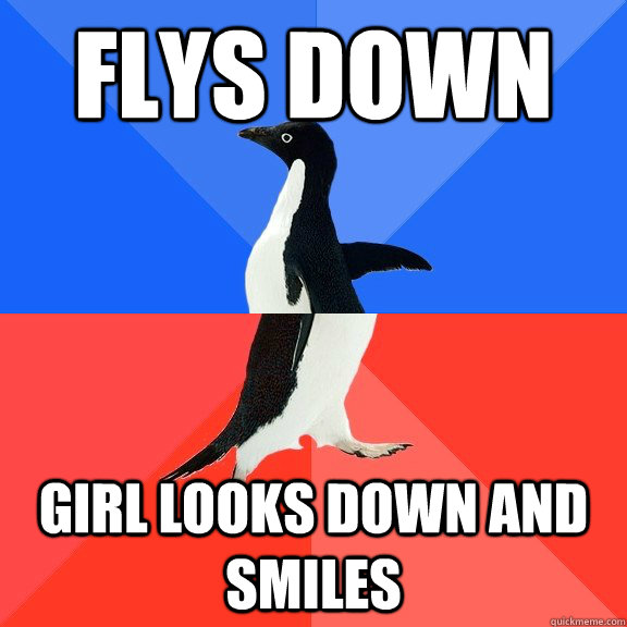 Flys DOwn girl looks down and smiles  Socially Awkward Awesome Penguin