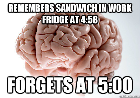 remembers sandwich in work fridge at 4:58 forgets at 5:00 - remembers sandwich in work fridge at 4:58 forgets at 5:00  Scumbag Brain