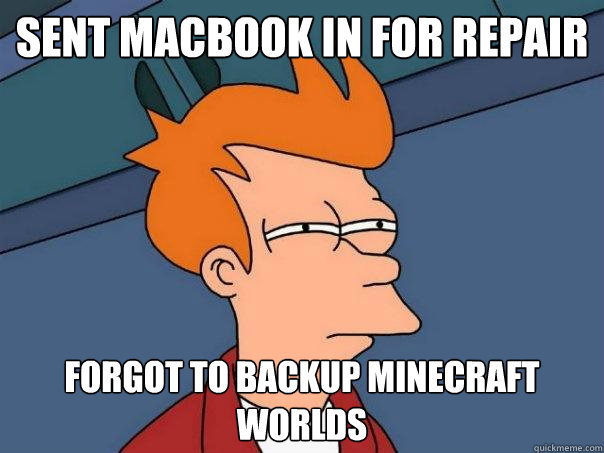 Sent macbook in for repair forgot to backup minecraft worlds  Futurama Fry