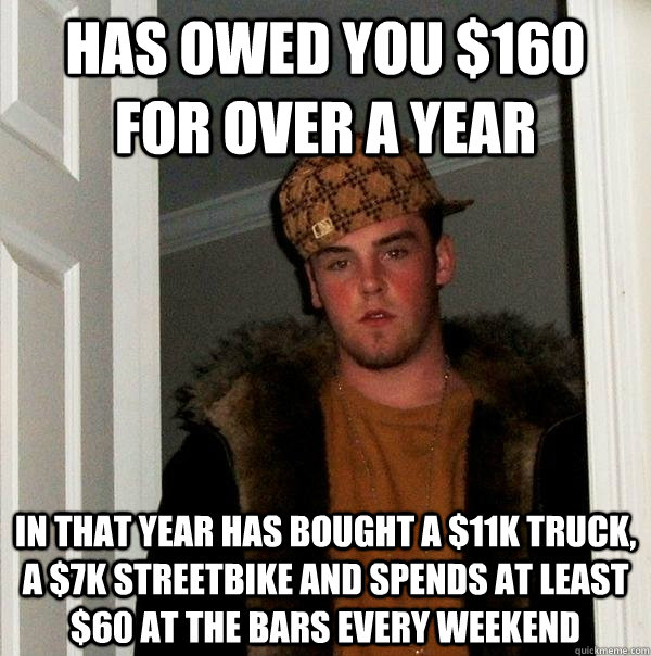 Has owed you $160 for over a year In that year has bought a $11K truck, a $7K Streetbike and spends at least $60 at the bars every weekend  Scumbag Steve