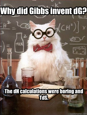 Why did Gibbs invent dG? The dH calculations were boring and TdS.  Chemistry Cat