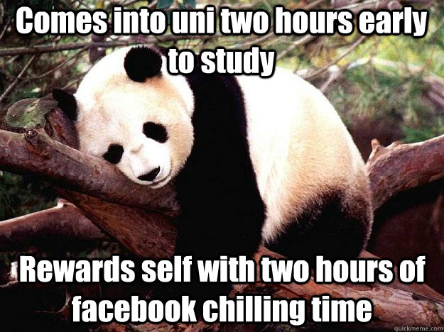 Comes into uni two hours early to study Rewards self with two hours of facebook chilling time  Procrastination Panda